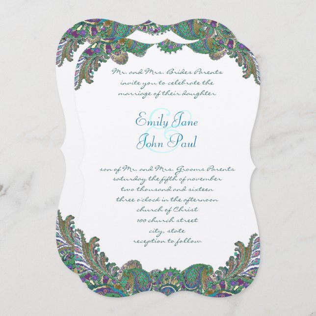 Paisley Peacock Couleurs Mariage Invitations (Devant / Derrière)