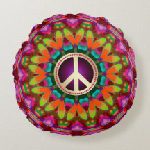 Paix et Amour (v1) Coussin Rond Homely Hippie