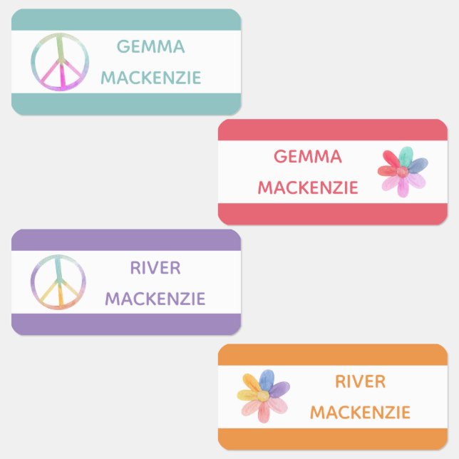 Paix et Fleurs Boho Hippie Nom Étiquettes (Groupe)