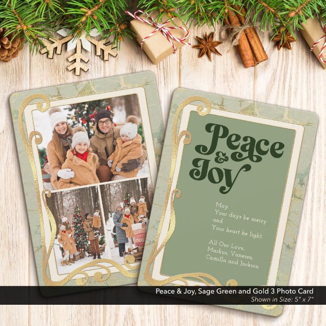 Paix et Joie Sage Vert et Or 3 Carte Photo (Peace & Joy, Sage Green and Gold Holiday Three (3) Photo Greeting Card)