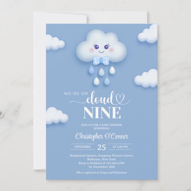 Pale bleu nuage neuf garçon invitation baby shower (Devant)
