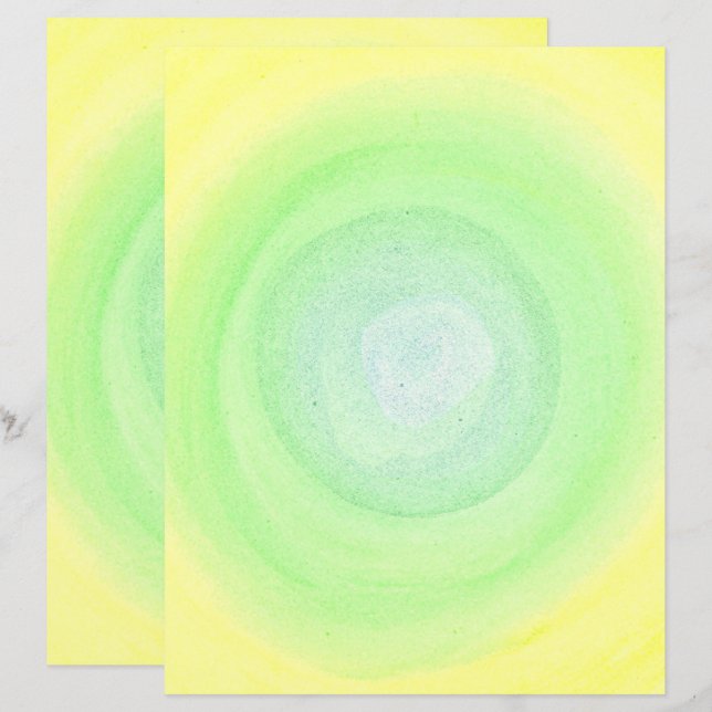 Pale Blue Green Sphere sur Aquarelle jaune, Papier (Devant / Derrière)