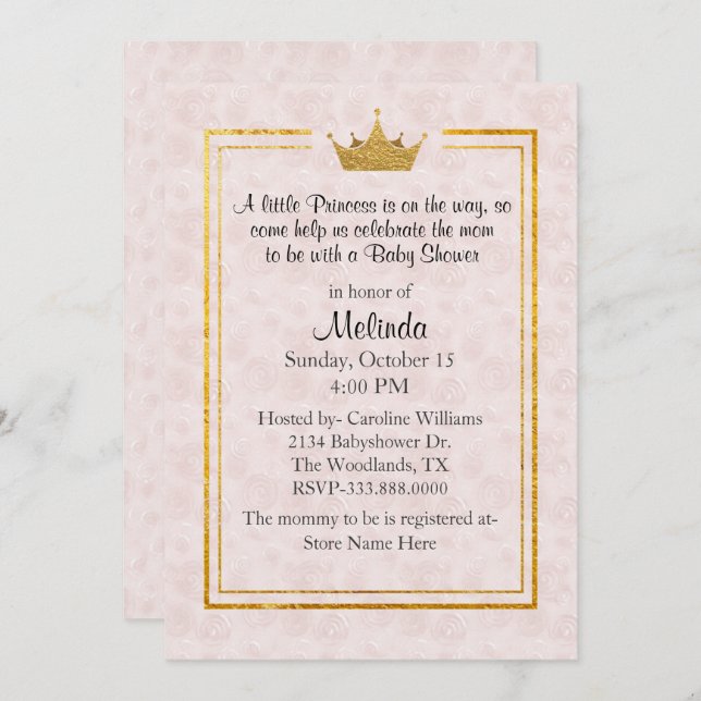 Pale Blush avec Gold Crown Baby shower Invitation (Devant / Derrière)