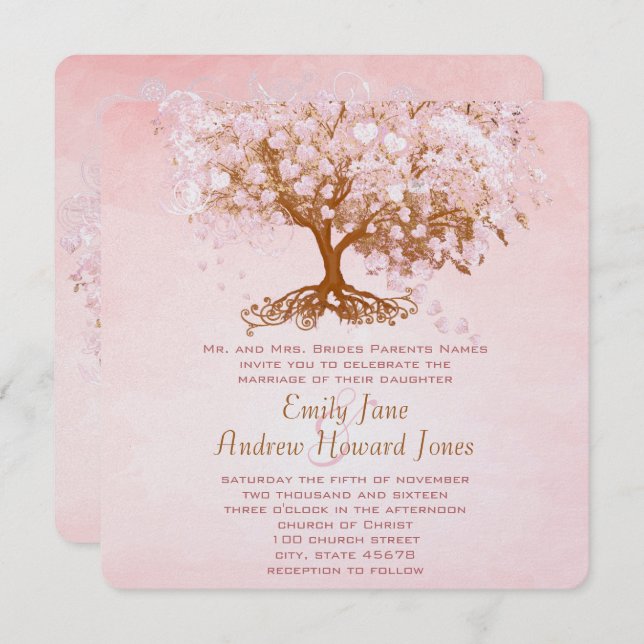 Pale Dogwood Pink Heart Tree Invitations de mariag (Devant / Derrière)