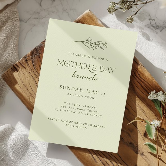 Pale Green Floral Mothers Day Brunch Invitation (modern minimalist elegant simple floral line art mothers day brunch invitation card soft green bg)