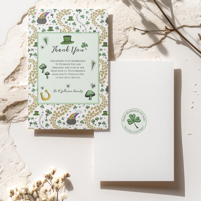 Pale Green Lucky Jour de la Saint Patrick Carte de (St Patricks Day Thank You Card with Custom Message & Name. Irish Blessing on Back of the Card. 
)