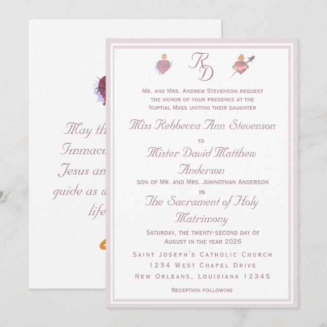 Pale PinkTwo Hearts Catholic Wedding Invitation (Devant / Derrière)