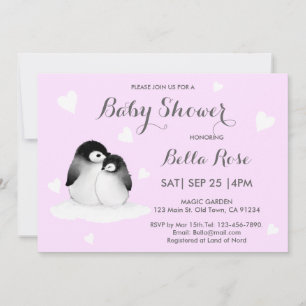 Pale Purple Coeur Penguin Baby Douche Invitations