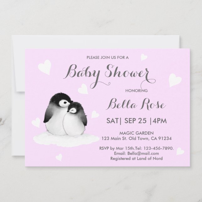 Pale Purple Coeur Penguin Baby Douche Invitations (Devant)