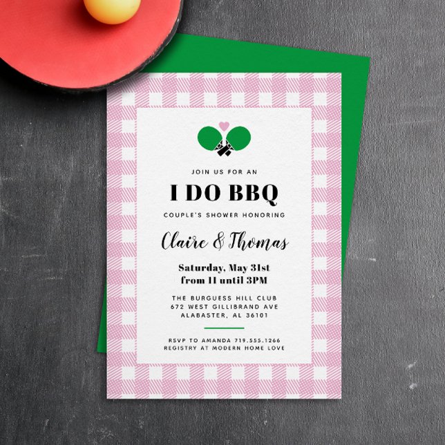 Pale Rose Plaid I Do BQ Ping Pong Invitation (preppy pink, green and white gingham plaid country club I Do BBQ invitation)