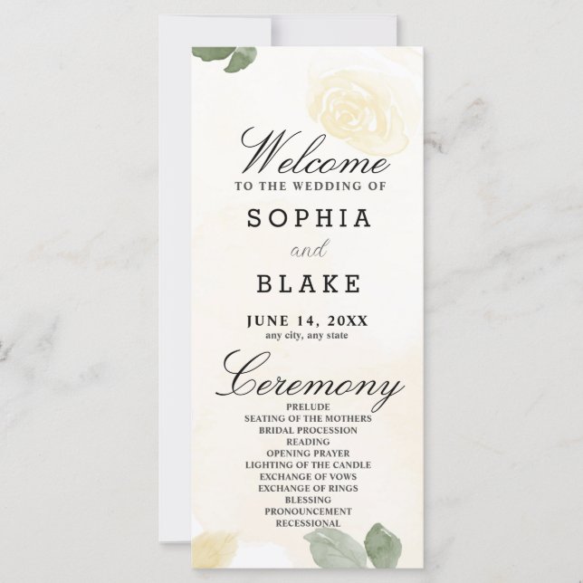 Pale Yellow Roses et programme de mariage vert (Devant)
