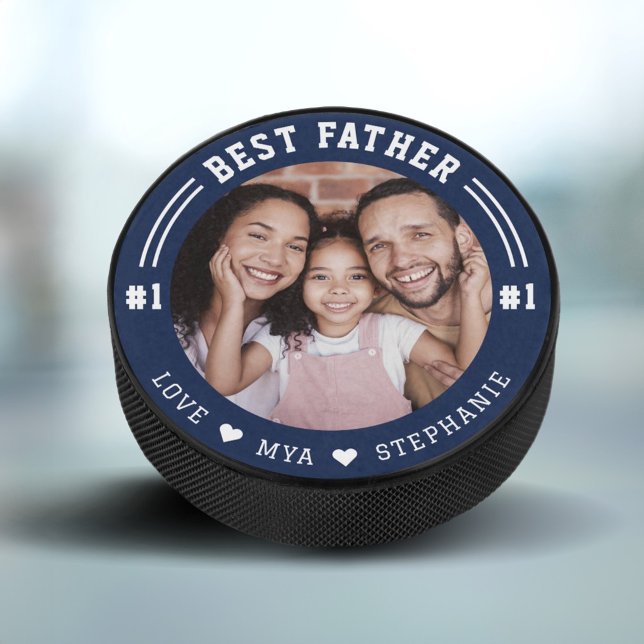 Palet De Hockey #1 Meilleur Père Conserver photo Photo et noms per (#1 Best Father Photo Keepsake Custom Photo & Names Navy Blue Hockey Puck)