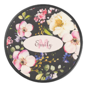 Palet De Hockey Aquarelle rose Roses jaunes sur noir, Monogramme