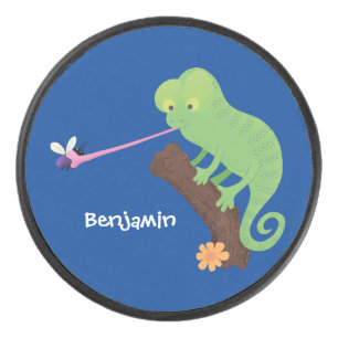 Palet De Hockey Caricature de lézard de caméléon vert joyeux