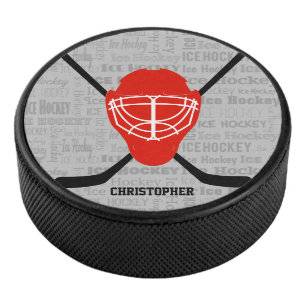 Palet De Hockey Casque et bâtons de hockey sur glace rouge Typogra
