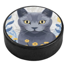 Chat Bleu Russe Fleurs Jaunes