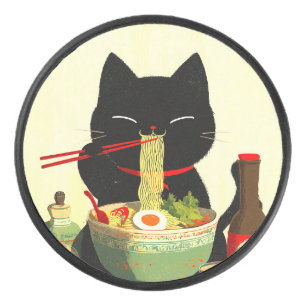 Palet De Hockey Chat noir heureux mangeant du Ramen   Ukiyo-e japo