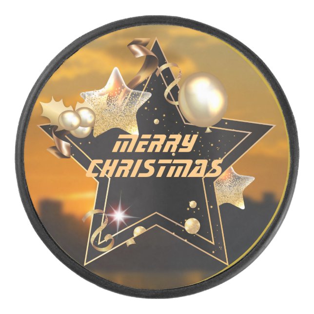 Palet De Hockey Cool Sunrise Gold Black Metallic Stars Joyeux Noël (Devant)