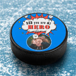 Palet De Hockey Dad you are my Hero Father`s Day Photo<br><div class="desc">Dad you are my hero Superhero background Father`s Day Photo Hockey Puck. Dad quote from daughter or son to the special hero in their life on a cartoon superhero speech bubble. Add your photo and names. You can change daddy into dad, papa, pap, ... A perfect gift and a sweet...</div>