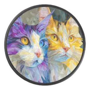 Palet De Hockey Deux chats violets et jaunes