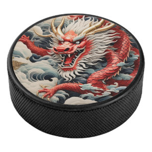 Palet De Hockey Dragon à souffle de feu rouge et blanc
