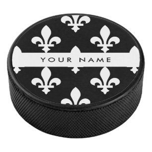 Palet De Hockey Fleur de Lis, Blanc sur Noir, Blanc, Votre Nom
