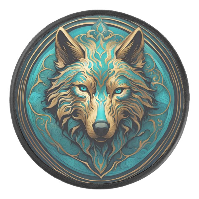 Palet De Hockey Loup Turquoise et Or (Devant)