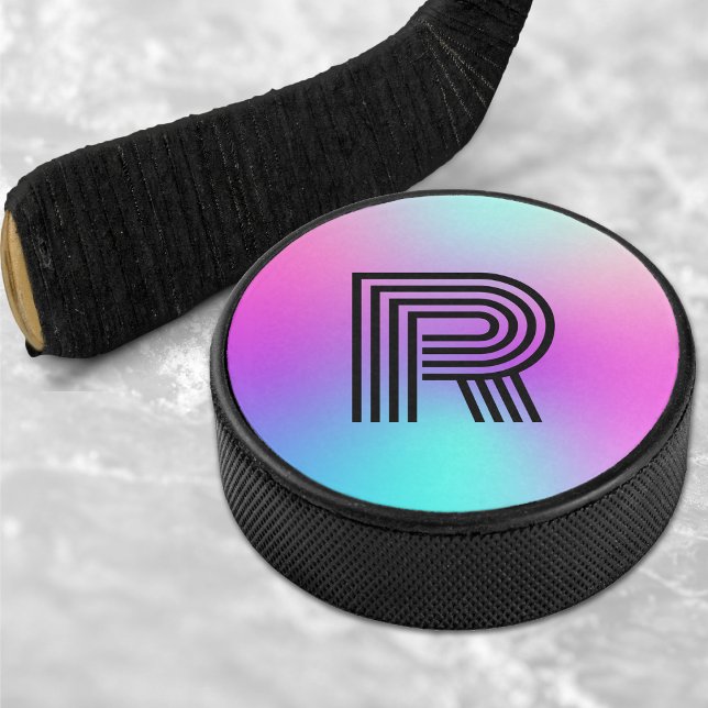 Palet De Hockey Monogramme néon rose bleu et violet ombre (Neon Pink Blue & Purple Ombre Monogram Hockey Puck)