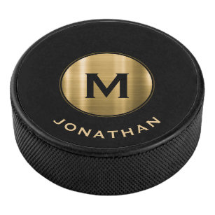 Palet De Hockey Nom de monogramme classique en or noir simple
