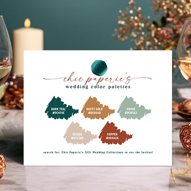 Palette couleur Peacock Turquoise Vert or Mariage  (Teal and Copper Abstract Wedding Color Palette Card)