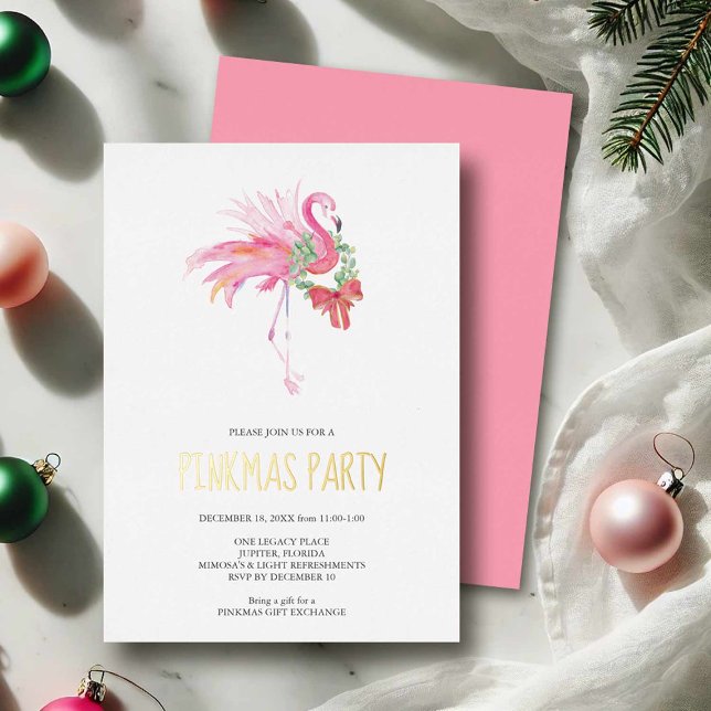 Palm Beach Noël Fête Invitation (Florida Christmas holiday party invitation features Pinkmas Party in foil press printing & flamingo)