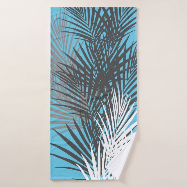 Palm feuille, moderne, turquoise, gris, blanc (Serviette de bain)