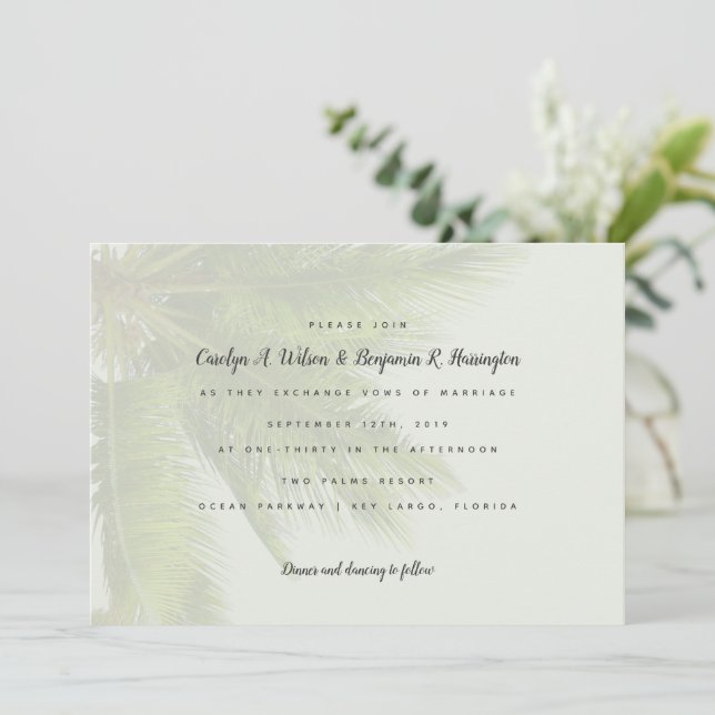 Palm Fronds Feuille Tropical Faire-part de mariage (Debout devant)