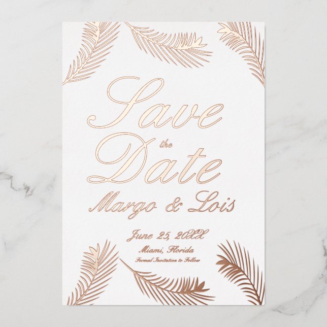 Palm Leaf Sauvez la date Pressé Foil Invitation (Recto)