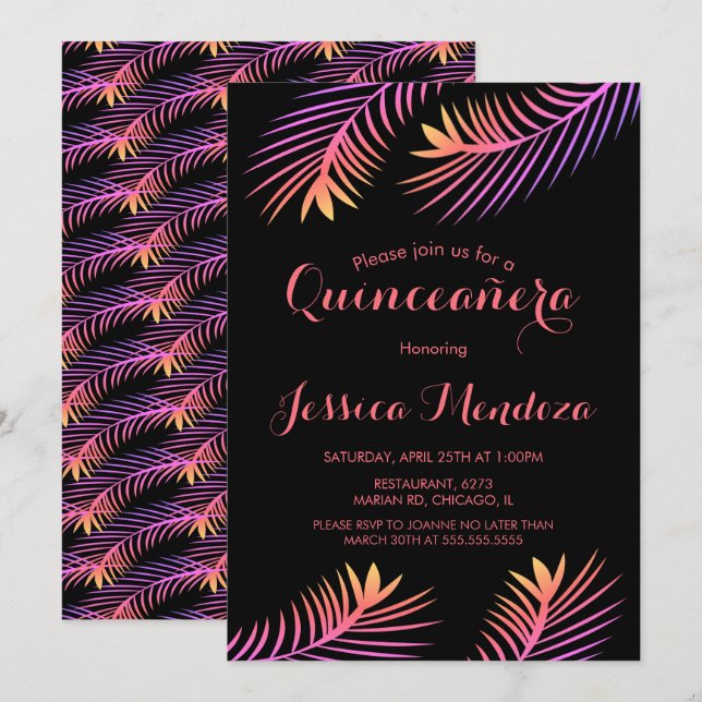 Palm Leaf Tropical Quinceañera Sweet 16 Invitation (Devant / Derrière)