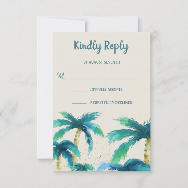 Palm Paradise | Carte RSVP de mariage de plage tro (Devant)