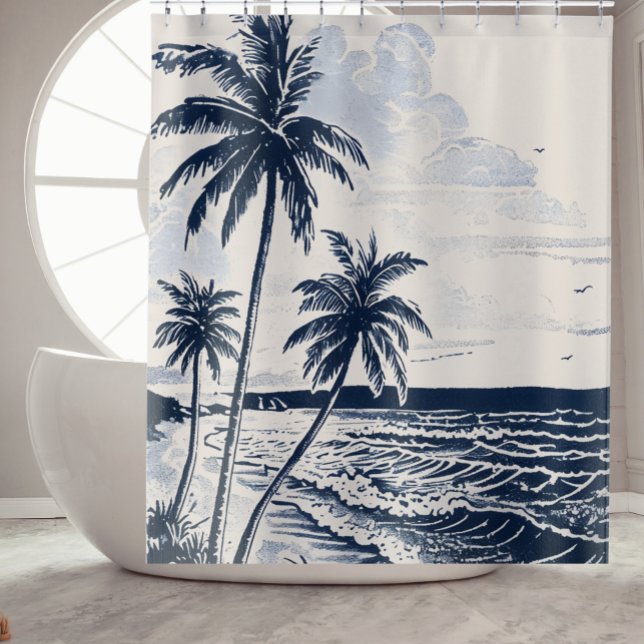 Palm Tree Beach Douche rideau Salle de bain Décor (Vintage-style beach scene with palm trees and ocean waves in navy blue and soft blue tones.)