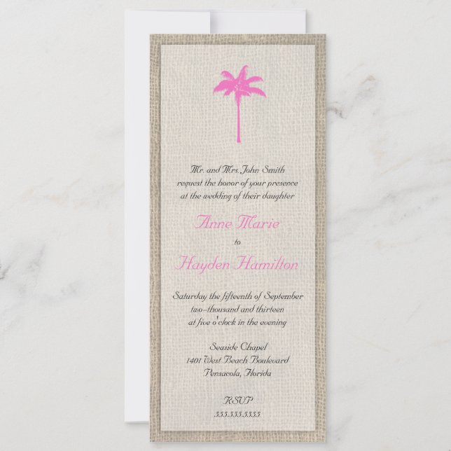 Palm Tree & Burlap Faire-part de mariage - rose (Devant)