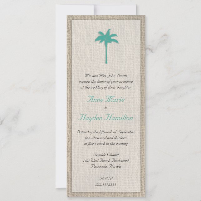 Palm Tree & Burlap Faire-part de mariage - Turquoi (Devant)