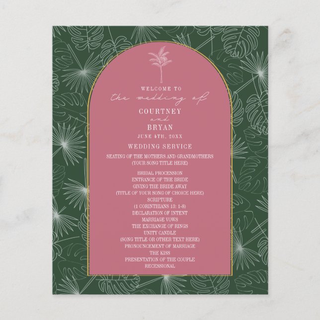 Palm Tree Leaf Programme de mariage rose et vert (Devant)