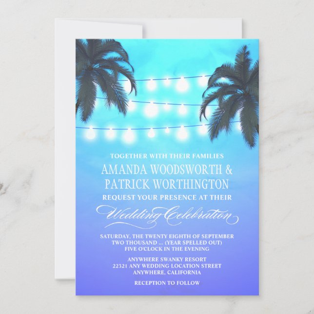 Palm Tree Lights Watercolor Mariage Invitations (Devant)