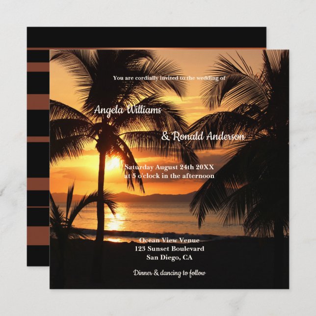 Palm Tropical Sunset Beach Mariage Invitation (Devant / Derrière)