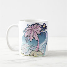 Palme rose et Mug d'oiseaux bleu