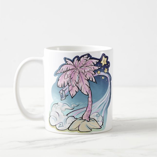 Palme rose et Mug d'oiseaux bleu (Gauche)