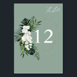 Palme tropicale et blanc Numéro de table florale -<br><div class="desc">Habillez vos tables de mariage ou de fête avec votre carte Tropical Palm & White Floral Table Number Card sur un arrière - plan vert sauge ou vert menthe. Des flores d'aquarelles peintes à la main et une végétation tropicale avec une touche d'or complètent ces numéros de table. C'est aussi...</div>