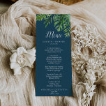 Palme tropicale sauvage | Menu du dîner Mariage bl<br><div class="desc">Cette palme tropicale sauvage bleu marine mariage carte menu pour dîner est parfait pour une plage ou un mariage de destination. Le design comprend un éventail exotique de feuilles de bananiers verts aquarelles, fougères, feuillage, plantes botaniques et verdure sur un arrière - plan bleu marine pour une atmosphère estivale tropicale....</div>