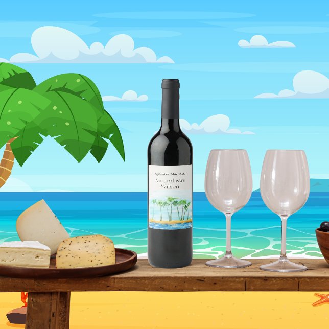 Palmier et plage Mariage Vins Étiquettes (Créateur téléchargé)