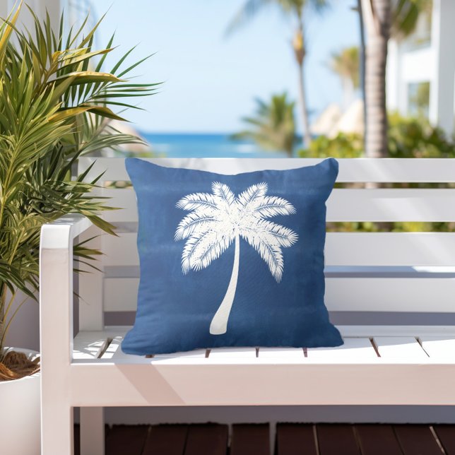 Palmier tropical Bleu Blanc Coussin extérieur (Créateur téléchargé)