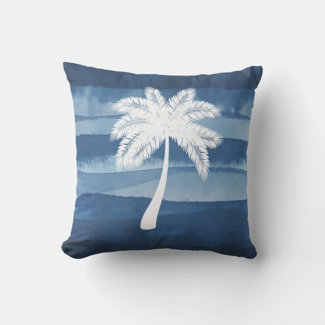 Palmier tropical Bleu Blanc Coussin extérieur (Recto)