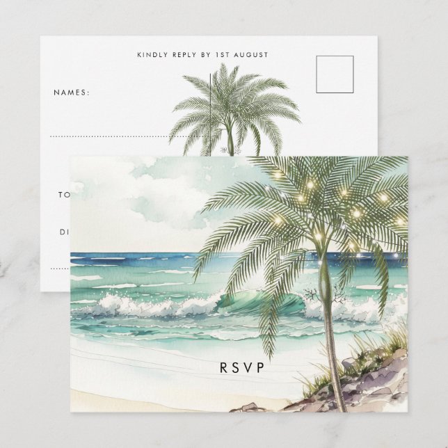 palmier tropical plage mariage rsvp carte postale (Devant / Derrière)